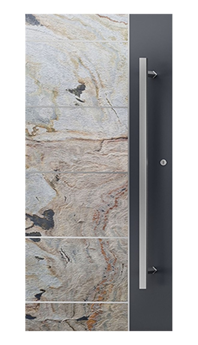 Aluminium entrance door with natural stone finish