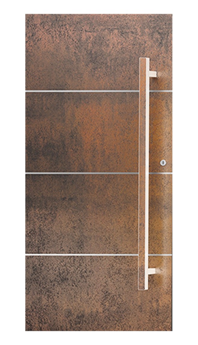 Aluminium entrance door with rust-toned sintered finish