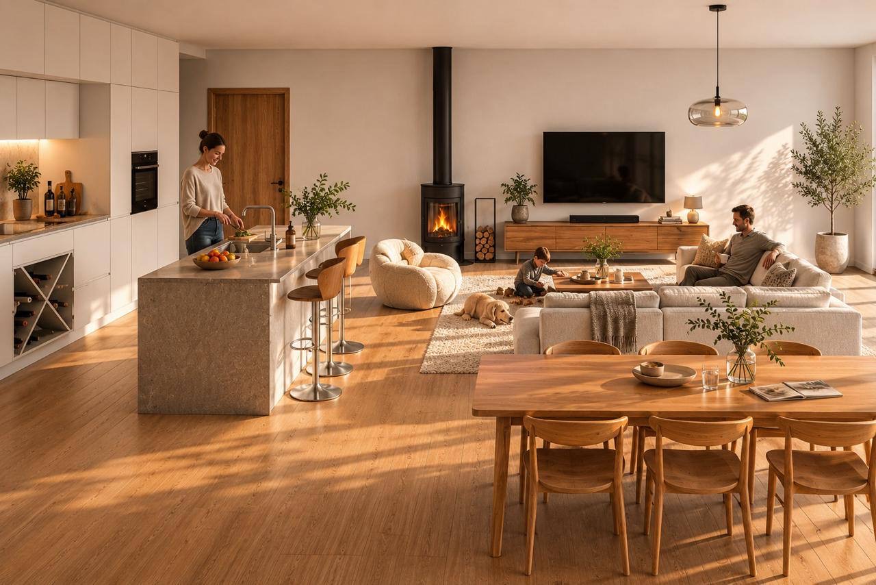 Open-plan kitchen, dining and living room