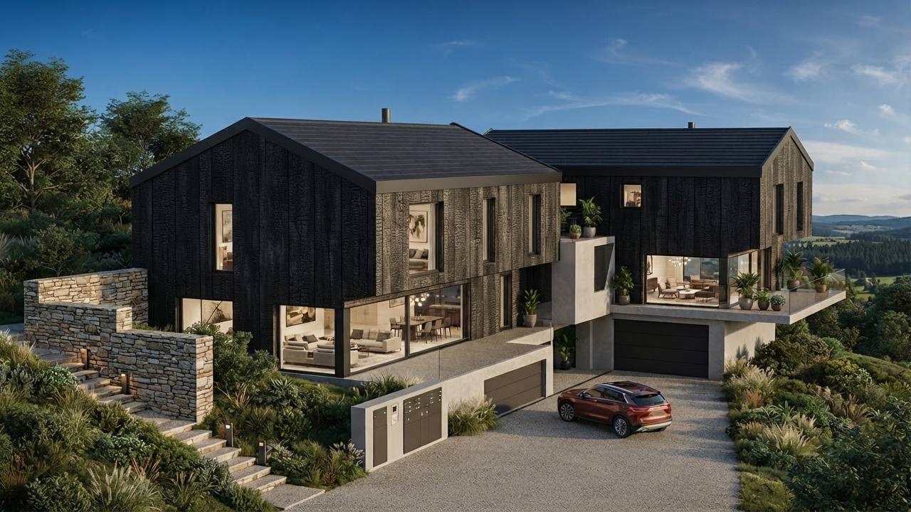 Exterior visualisation of the homes at dusk